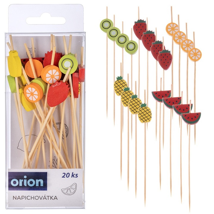 Set 20 Scobitori Pentru Aperitive, Orion, 12 cm, Fabricate Din Lemn, Decoratiuni Colorate In Forma De Fructe, Practice La Servirea Aperitivelor, Utilizare Universala, Multicolore
