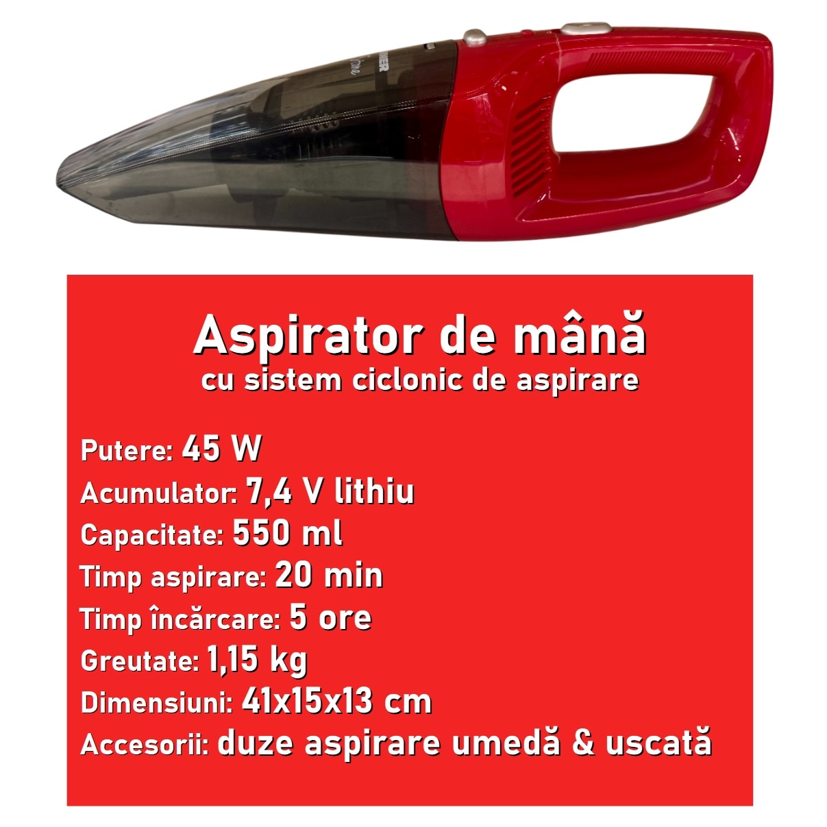 Aspirator de mână, 45 W, 550 ml, aspirare uscată și umedă, acumulator 7.4 V
