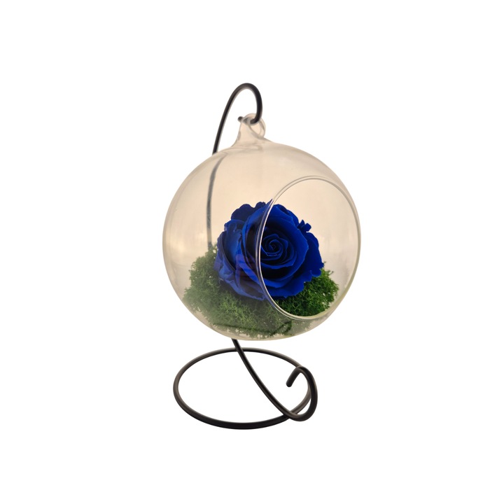 Glob din sticla suspendat cu trandafir criogenat Albastru si licheni Verde, 20x12cm, FloraVelle