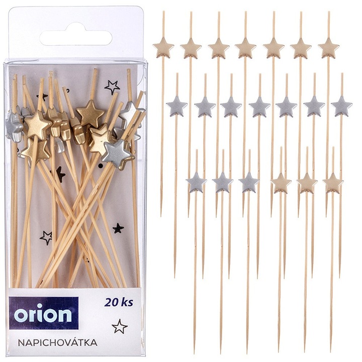 Set 20 Scobitori Pentru Aperitive, Orion, 12 cm, Fabricate Din Lemn, Decoratiuni Colorate In Forma De Stea, Practice La Servirea Aperitivelor, Utilizare Universala, Multicolor