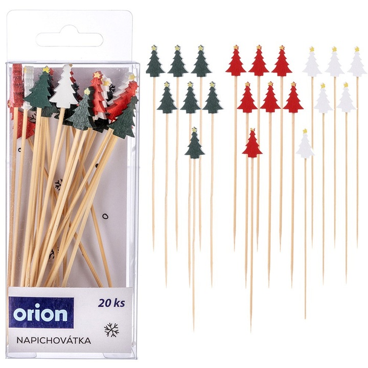 Set 20 Scobitori Pentru Aperitive, Orion, 13 cm, Fabricate Din Bambus Natural, Decoratiuni In Forma De Braduti, Biodegradabile, Utilizare Universala, Rosu/Verde/Alb