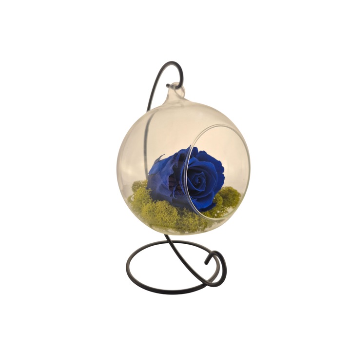 Glob din sticla suspendat cu trandafir criogenat Albastru si licheni Verde Deschis, 20x12cm, FloraVelle