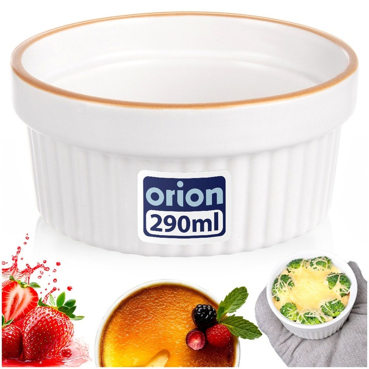 Vas De Gatit, Orion, 290 ml, 11.5x5 cm, Ceramic, Rezistent La Caldura, Rezistent La Temperaturi De Pana La 200°C, Potrivit Pentru Masina De Spalat Vase Si Cuptorul Cu Microunde, Alb Cu Margine Maro