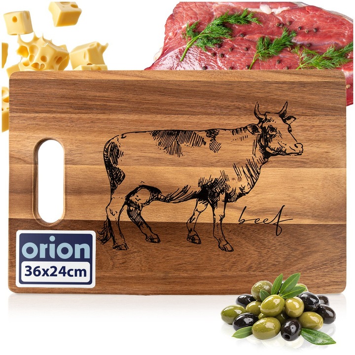 Tavita De Taiat, Orion, Beef, 36x24x1.5 cm, Fabricata Din Lemn De Acacia, Rezistenta La Umiditate, Are Manere Ergonomice, Antibacteriana, Bej