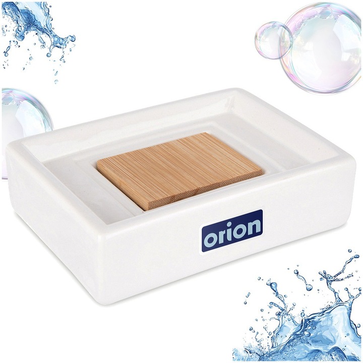 Suport Pentru Sapun, Orion, 11x8x3 cm, Fabricat Din Dolomit Si Bambus, Usor De Curatat, Utilizare Universala, Accesoriu Stilat Pentru Baie, Materiale De Inalta Calitate, Alb