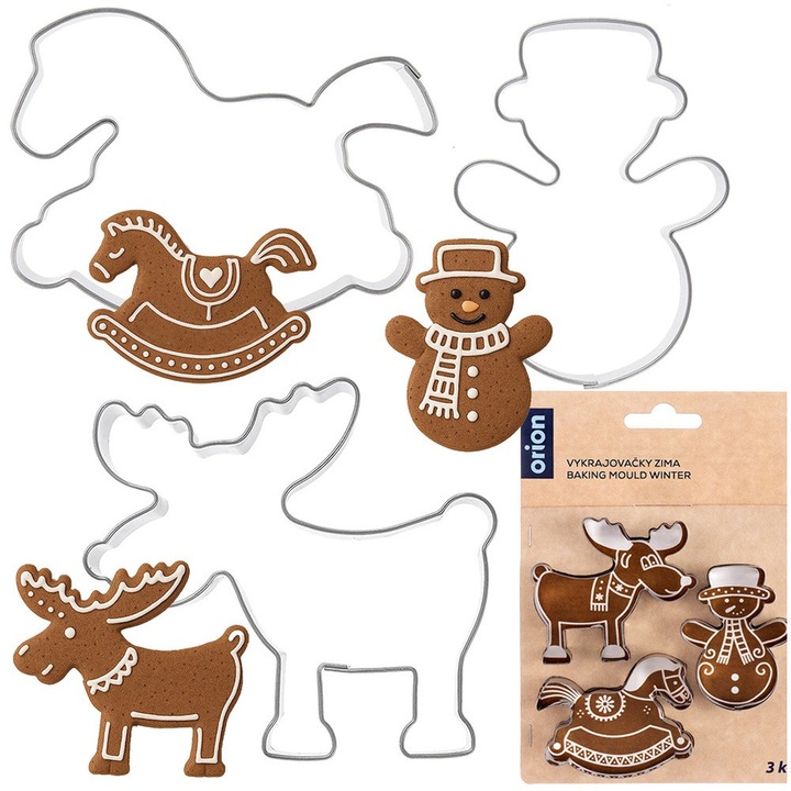 Set De Forme Pentru Prajituri, Orion, Om De Zapada, Cal Pe Leagan, Ren, Fabricate Din Otel Inoxidabil, Utilizare Universala, Posibilitati Creative De Decupare, Pot Fi Spalate In Masina De Spalat Vase, Argintii