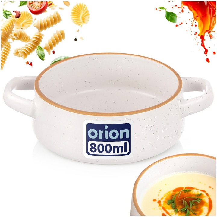 Bol Tip Supiera Pentru Bulion Cu Manere, Orion, Aspect Rustic Suprafata Patata, 800 ml / 21x16x7 cm, Alb/Maro, Ceramica De Lux Cu Margine Colorata, Servire Eleganta Pentru Supe Creme Si Cereale, Sigur Pentru Masina De Spalat Vase Si Microunde, Premium