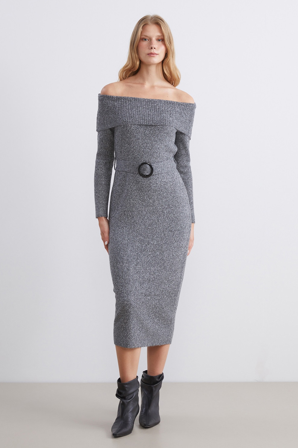 LC WAIKIKI, Rochie tricotata cu decolteu pe umeri, Gri melange, M