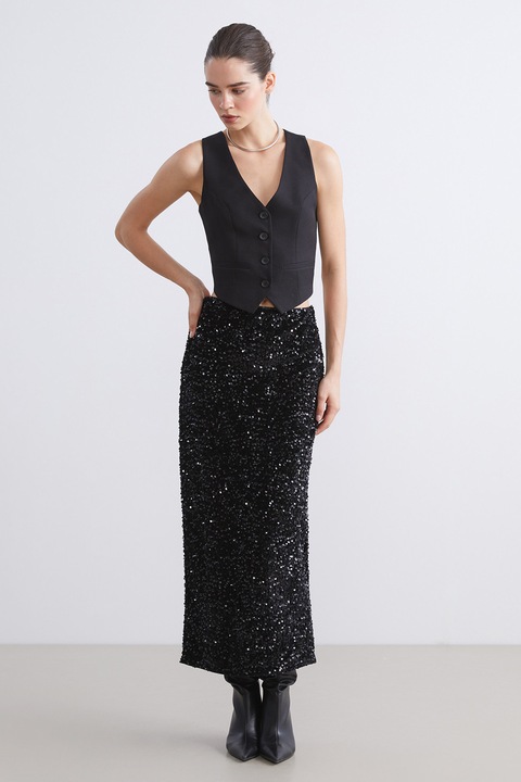 LC WAIKIKI, Fusta midi cu paiete, Negru