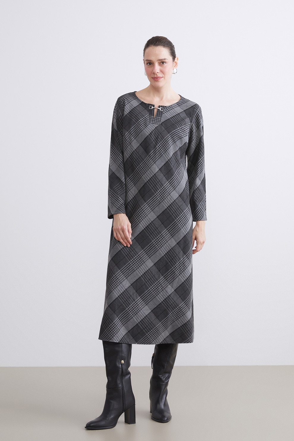 LC WAIKIKI, Rochie dreapta cu model in carouri, Negru, Gri inchis, 44