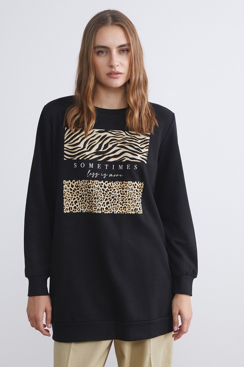 LC WAIKIKI, Bluza de trening cu imprimeu text si animal, Alb/Auriu/Negru, M