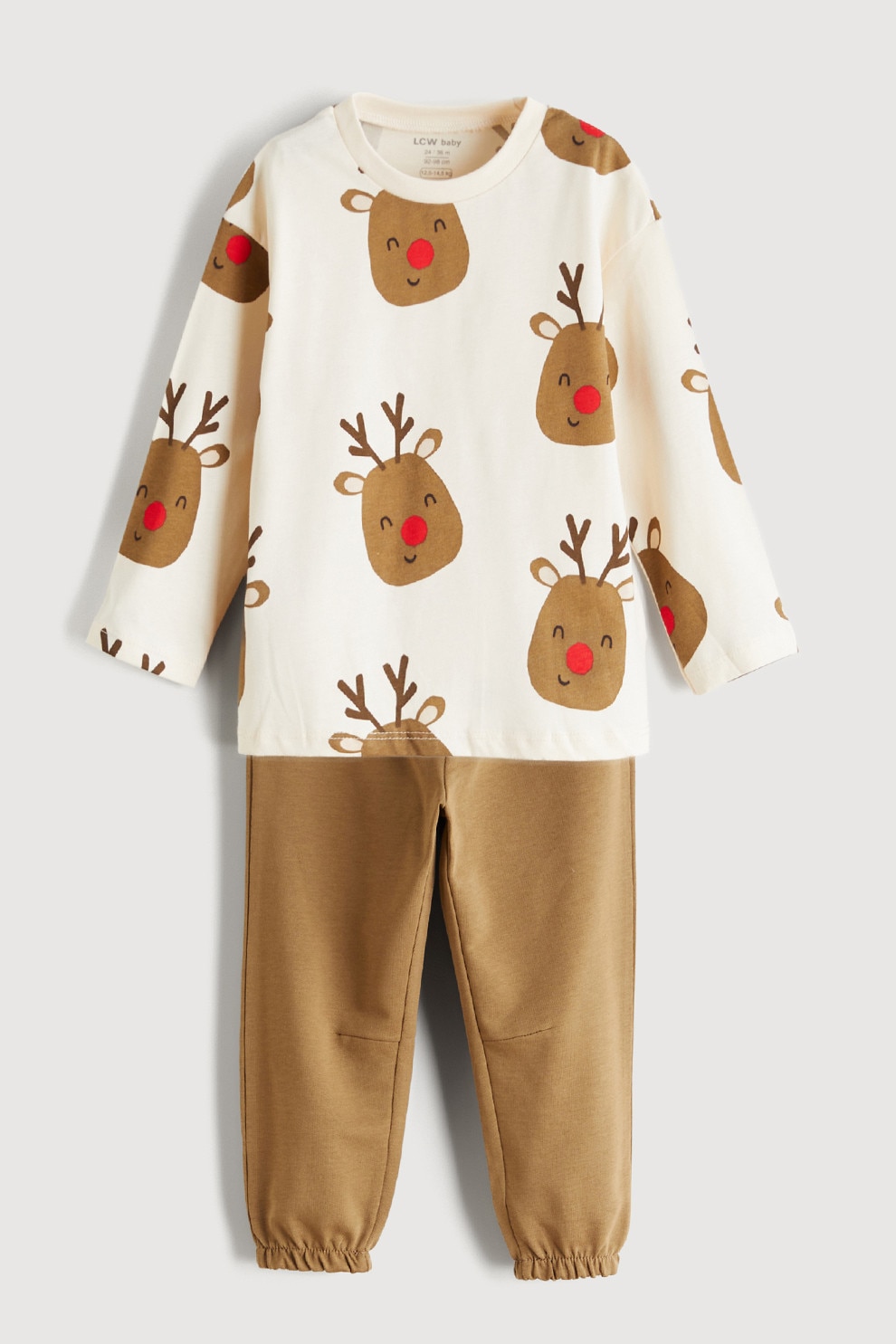 LC WAIKIKI, Pijama de bumbac cu pantaloni lungi si imprimeu, Rosu, Alb, Caramel, 92-98 CM