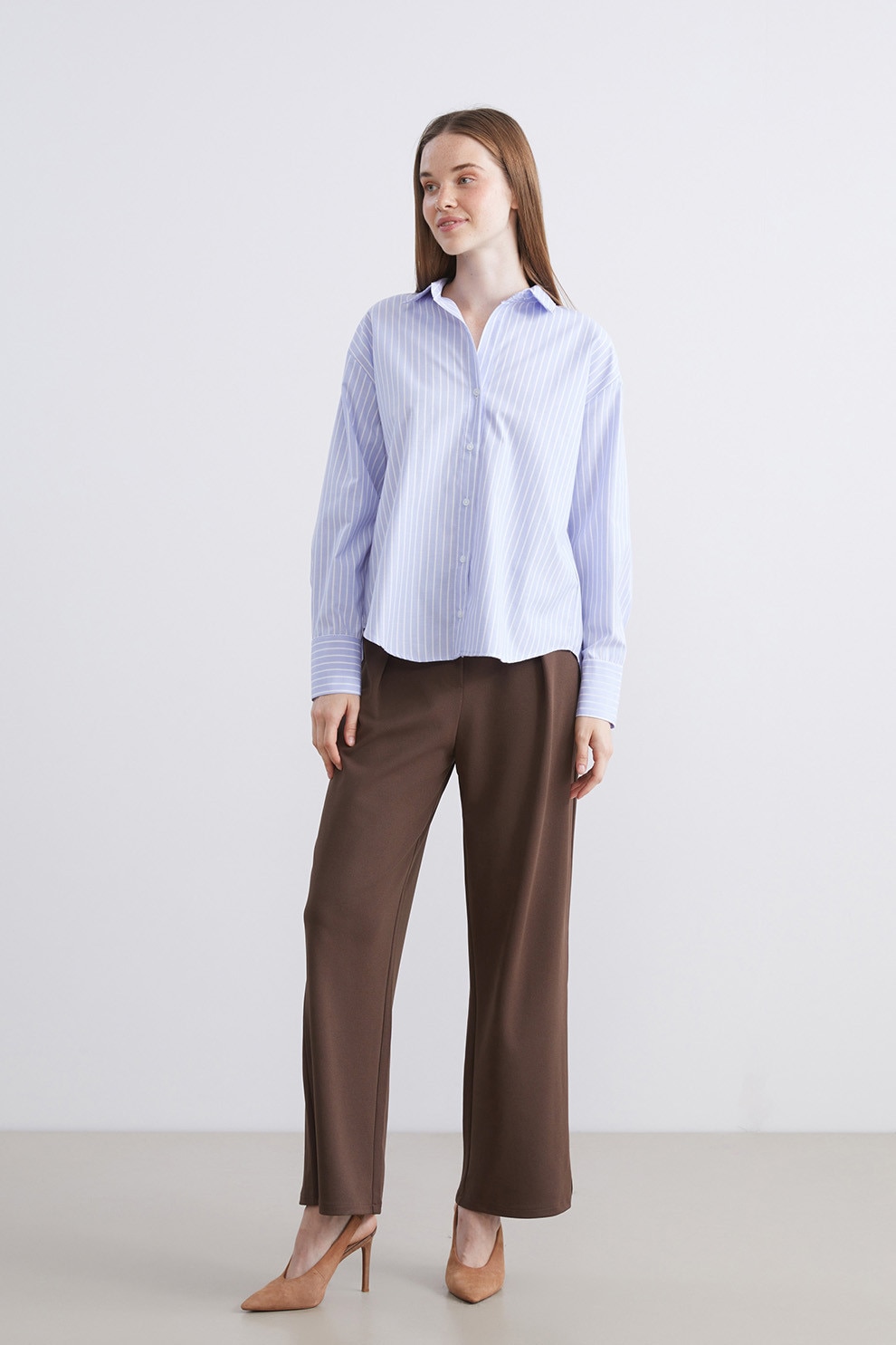 LC WAIKIKI, Pantaloni drepti cu curea in talie, Maro fango, S