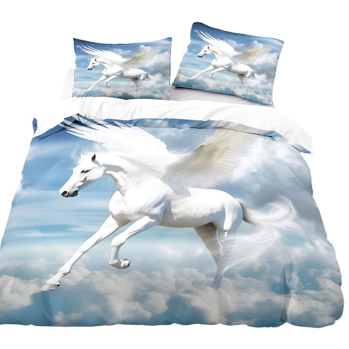 Set lenjerie de pat, Girls, 135x200cm, 100% poliester, 1 persoana, alb cu motive de cai