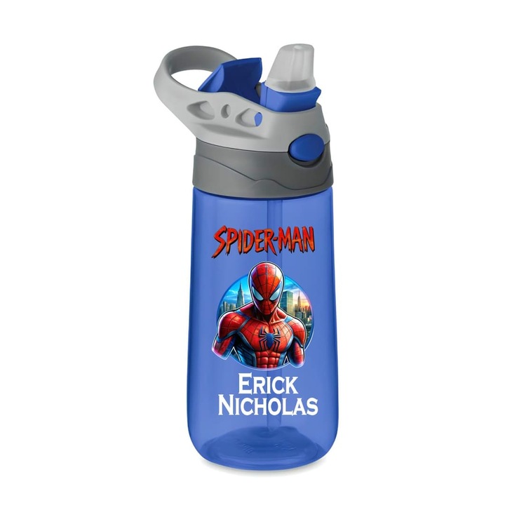 Sticla Apa Copii, Cu Pai, Spiderman City, Albastra, 450ml, BPS070