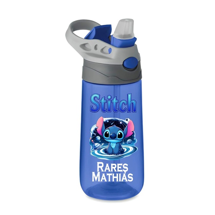 Sticla Apa Copii, Cu Pai, Stitch, Albastra, 450ml, BPS071