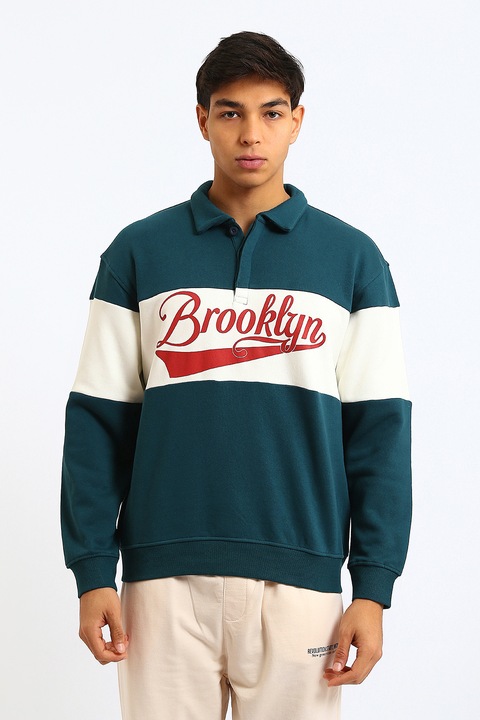 LC WAIKIKI, Bluza polo de trening cu imprimeu text, Rosu/Alb/Verde englez