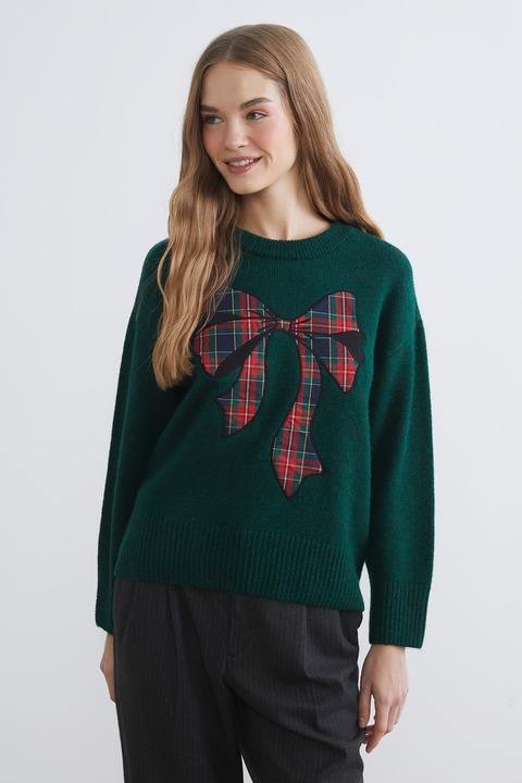 LC WAIKIKI, Pulover cu imprimeu cu funde, Rosu/Verde englez/Bleumarin, M