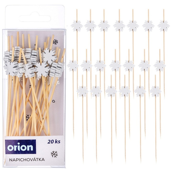 Set 20 Scobitori Pentru Aperitive, Orion, 12 cm, Fabricate Din Lemn De Bambus Si Artar, Decoratiuni In Forma De Fulgi De Zapada, Biodegradabile, Utilizare Universala, Multicolore