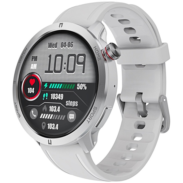 Смарт часовник Rubicon RNCF14, AMOLED 1.43", Bluetooth, Сребърен/Бял, 22 мм, Комплект със зареждащ кабел