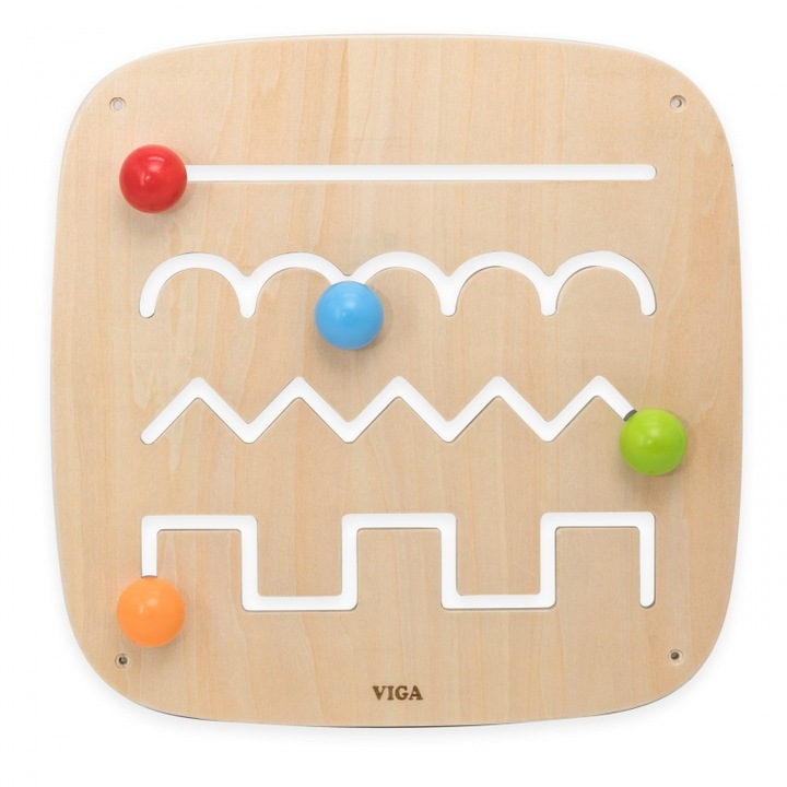 Tablita senzoriala din lemn, Viga Toys, 4 trasee cu bile colorate, 12 luni+