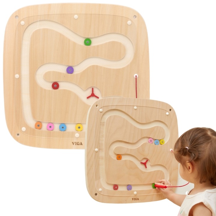 Tabla interactiva din lemn, Viga Toys, cu 6 discuri colorate, montare pe perete, pentru copii de la 2 ani