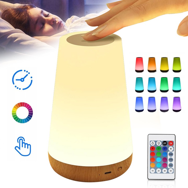 Lampa de veghe cu control tactil YOUKUKE®, Incarcabila, LED, RGB, Functie de schimbare a intesitatii si a culorii, Acumulator 1500 mAh, Portabila