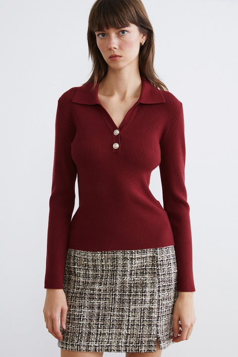 LC WAIKIKI, Pulover striat cu croiala slim-fit si decolteu in V, Rosu inchis