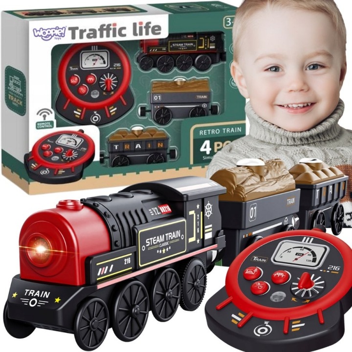 Set Trenulet Retro Zdalnie Sterowany, Woopie, 4 piese, locomotiva cu efecte sonore si luminoase, pentru copii de la 3 ani