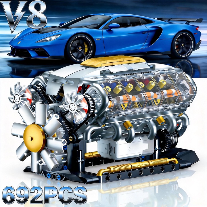 Set constructie motor V8, Tressino, 692 piese, Educativ STEM, Technic, Cu Set De Putere Pentru Blocuri, Reincarcabil, Cap cilindru transparent, Turbocompresor, Potrivit Pentru Adulti Si Copii, 23*20*8cm