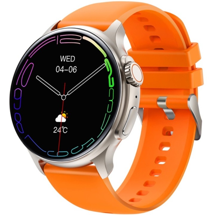 Смарт часовник Rubicon RNCF12, AMOLED 1.43", Bluetooth, Водоустойчив, 22мм, Сребрист/Оранжев, Комплект със зареждащ кабел
