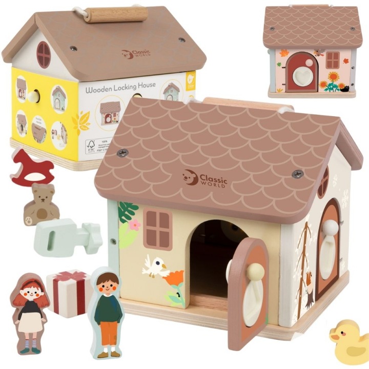 Szenzoros fajáték házikó, 4 ajtóval és 4 kulccsal, Classic World, 11 részes, élénk színek