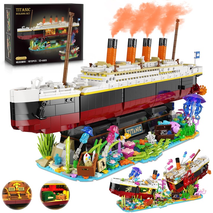 Set de Constructie Titanic INSOON cu Lumina LED, 2 in 1 Lumea Fundului Marii, 1872 Piese Blocuri Mini 3.6MM, Model Nava cu Meduze si Caracatite, Cadou pentru Adulti si Adolescenti de 12+ Ani