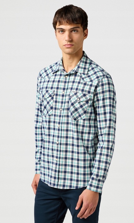 Férfi ing, Wrangler, kék pamut ing, regular fit, rövid ujjú, cipzár, L INTL