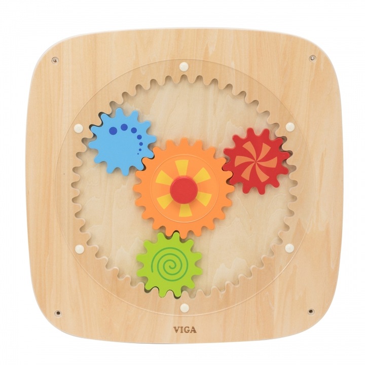 Tabla educativa din lemn cu roti dintate colorate, Viga Toys, dezvolta abilitati manuale si gandire logica, 12 luni+