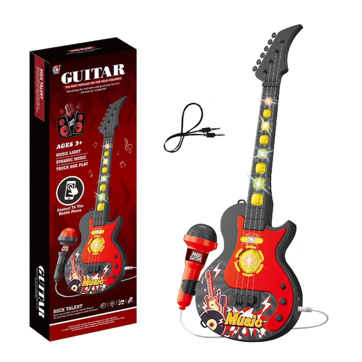 Chitară electrică pentru copii Asskanaer cu microfon și lumini LED, negru/rosu, 21.5x5x53cm