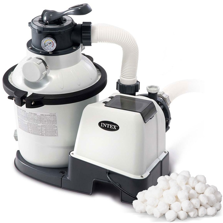Пясъчна филтърна помпа 5700 л/ч, Intex 26644, с филтърни топчета 500 гр, 12 кг пясък, 25.4 см