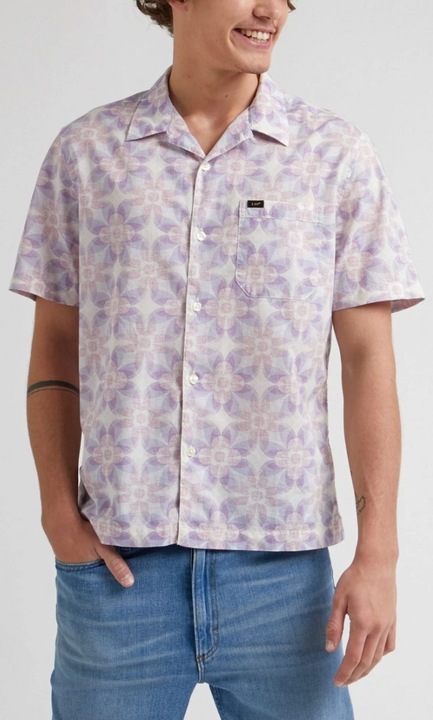 Camasa Lee Resort Relaxed Fit, bumbac, model floral geometric alb-violet, gri, maneca scurta, L INTL