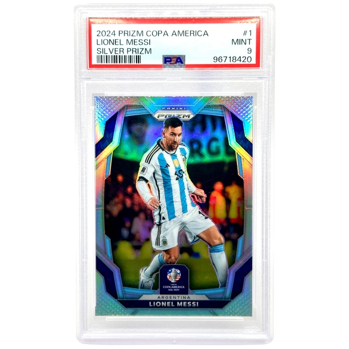 Card de fotbal Panini Lionel Messi 2024 Panini Prizm Copa America - Silver Prizm #1 Argentina Gradat PSA nota 9
