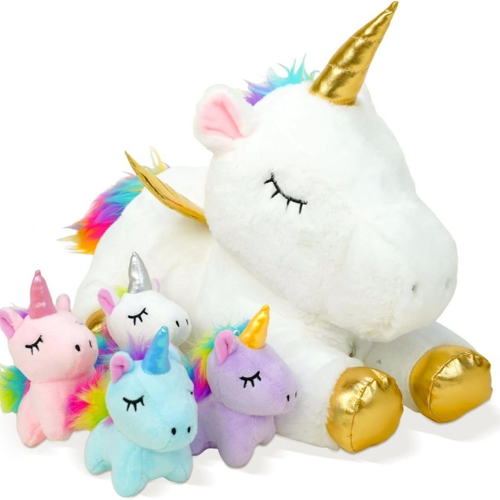 Set de jucarii de plus unicorn, 5 piese, 1 unicorn mama si 4 pui, pentru fete 3-9 ani, multicolor