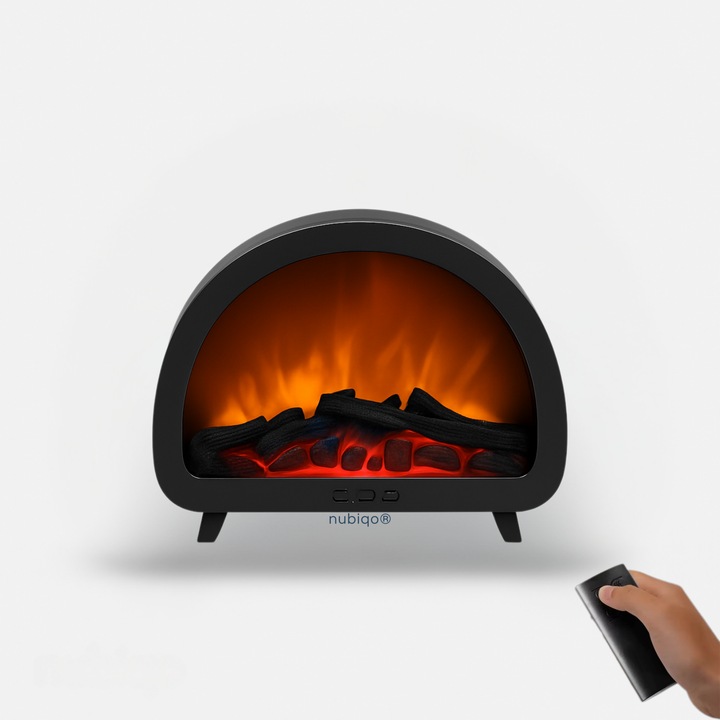 Umidificator aer cu efect flacara semineu Nubiqo®, 200 ml, LED multicolor, Telecomanda, USB-C, pentru dormitor / birou / living,7 culori led si lumina rainbow, negru