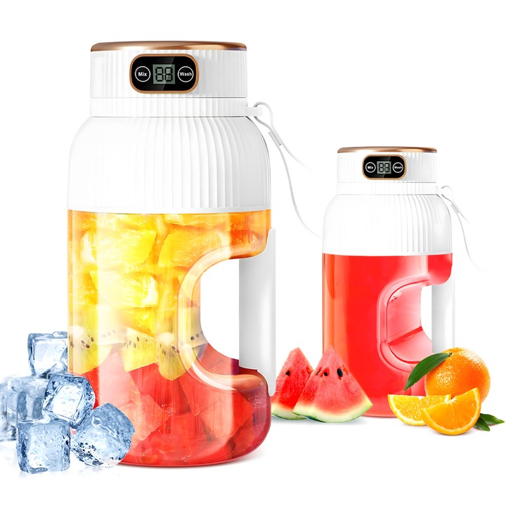 Blender Portabil 2in1 150 W, 10 Lame, Afisaj Digital, Capacitate 1L, USB, 25 x 10 cm, Alb