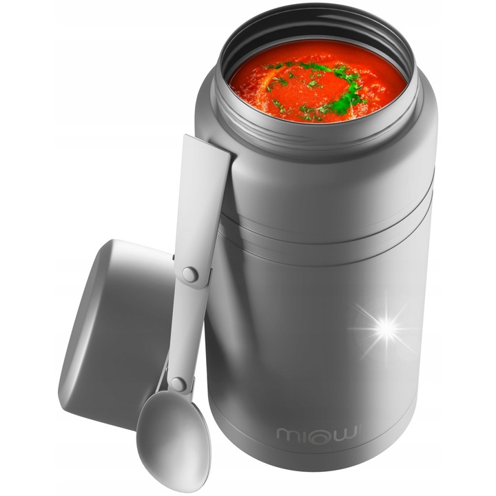 Termos obiadowy Miowi 750 ml, inox, capac cu functie de bol, lingura pliabila inclusa, argintiu