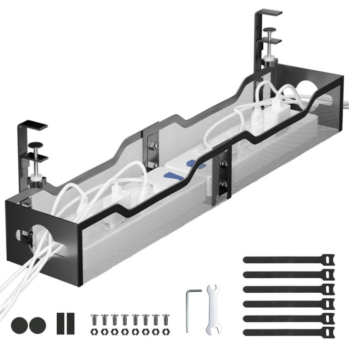 ARATAN - Tava de Gestionat Cabluri sub Birou 80 cm, Fara Gaurire, cu Cleme - Organizator Cabluri pentru Birou si Acasa, Nu Deterioreaza Mobilierul (Negru)​