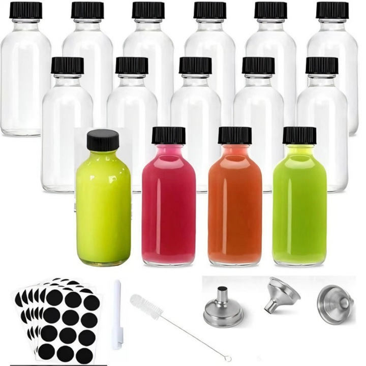 ARATAN - 15 db Boston Round üveg 60 ml, légmentesen záródó, kupakokkal - Utazóedények gyömbér shotokhoz, gyümölcsléhez, whiskyhez | Címkékkel, jelölővel, tölcsérekkel, kefékkel