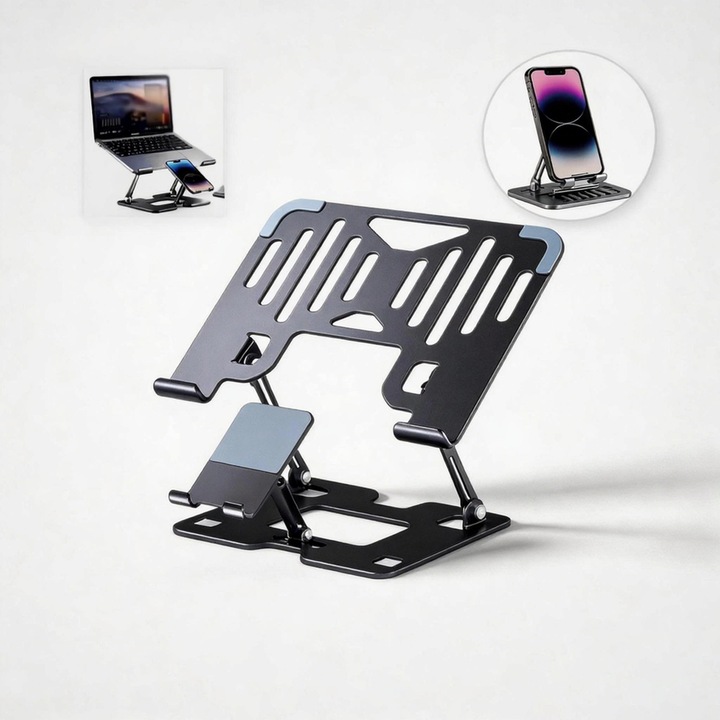 Suport Pliabil 2 in 1 pentru Laptop (10-17”) si Telefon, ARATAN, Design Ergonom din Otel, Compatibil cu MacBook Air/Pro, Dell, HP, Lenovo (Negru)