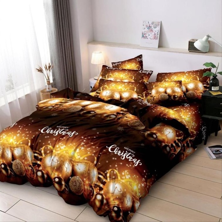 Lenjerie de pat, 2 persoane, finet, 6 piese, imprimeu motiv Craciun, LF520