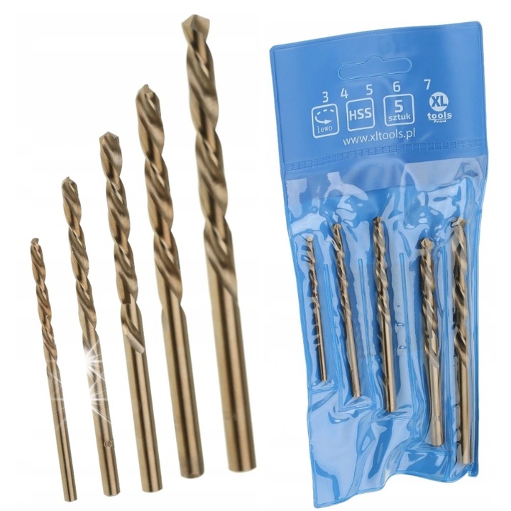 Set de burghie stanga pentru metal XLT, 5 piese, dimensiuni 3x4x5x6x7mm, cobalt 5%