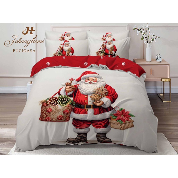 Lenjerie de pat, 2 persoane, finet, 6 piese, imprimeu identic 3D, motiv Craciun, LF544