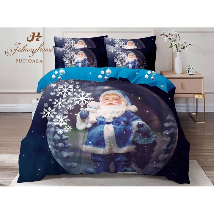 Lenjerie de pat, 2 persoane, finet, 6 piese, imprimeu identic 3D, motiv Craciun, LF548